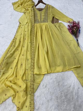 Yellow Chanderi Embroidered Gown Set ClothsVilla