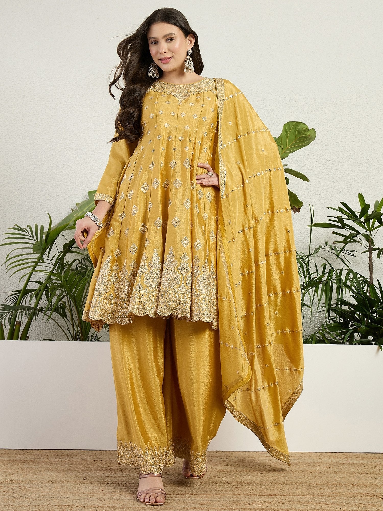 Yellow Chinon Embroidered Kurta Palazzo ClothsVilla