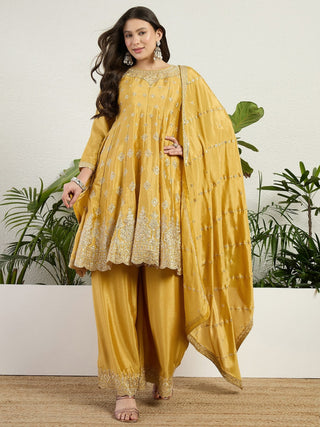 Yellow Chinon Embroidered Kurta Palazzo ClothsVilla