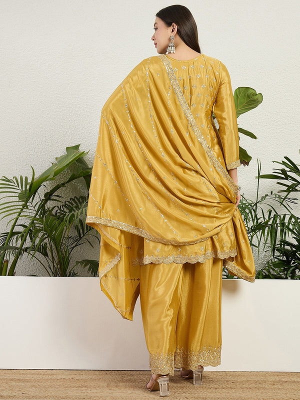 Yellow Chinon Embroidered Kurta Palazzo ClothsVilla