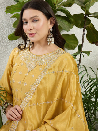 Yellow Chinon Embroidered Kurta Palazzo ClothsVilla
