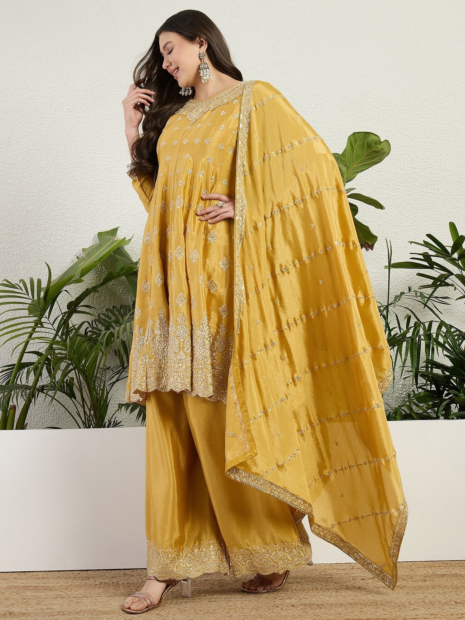 Yellow Chinon Embroidered Kurta Palazzo ClothsVilla