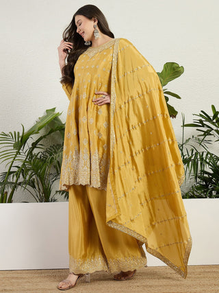 Yellow Chinon Embroidered Kurta Palazzo ClothsVilla