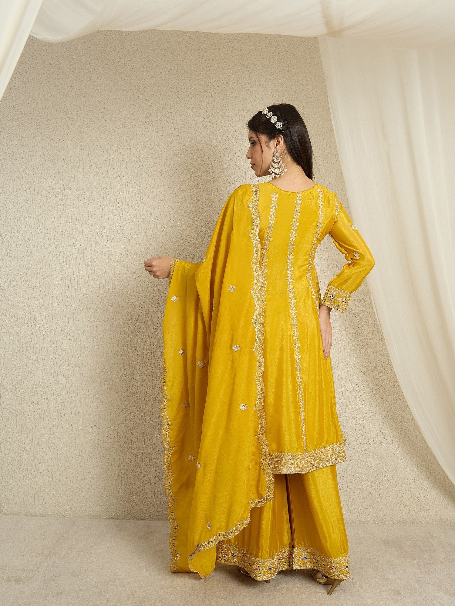 Yellow Chinon Kurta Palazzo Set ClothsVilla