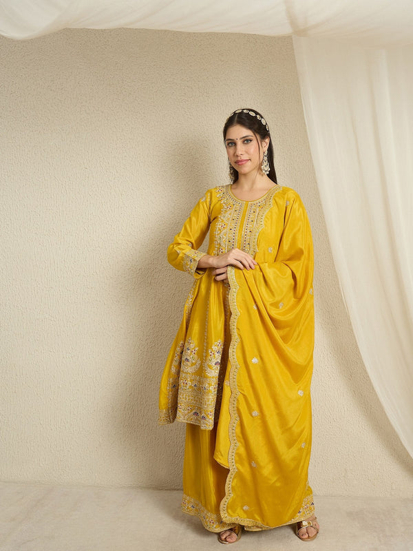 Yellow Chinon Kurta Palazzo Set ClothsVilla
