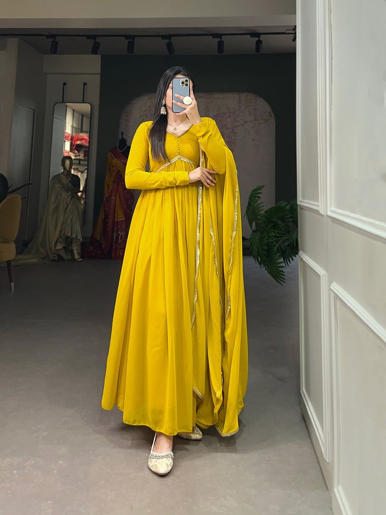 Yellow Color Alia Style Gown Elegance Personified in Georgette & Sequin ClothsVilla