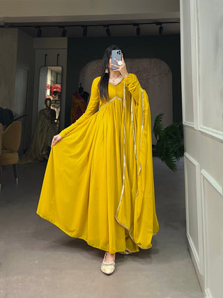 Yellow Color Alia Style Gown Elegance Personified in Georgette & Sequin ClothsVilla