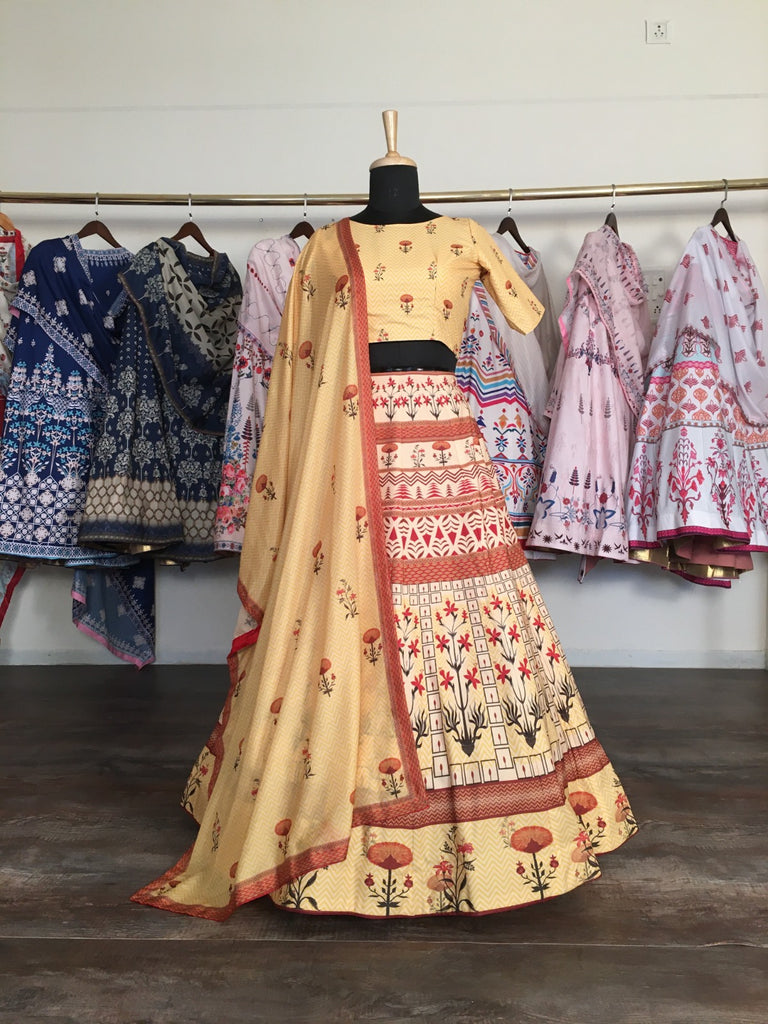 Yellow Color Captivate Hearts in This Exquisite Vaishali Silk Printed Lehenga Choli with Muslin Silk Dupatta ClothsVilla