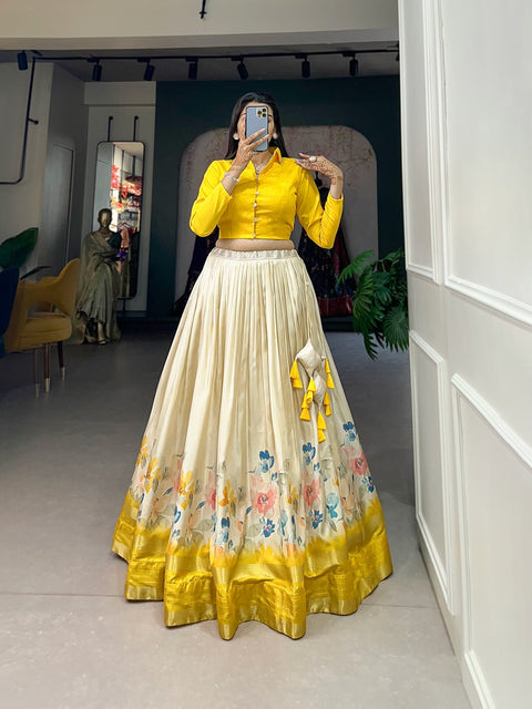 Yellow Color Dazzling Dola Silk Floral Lehenga Choli ClothsVilla Main image