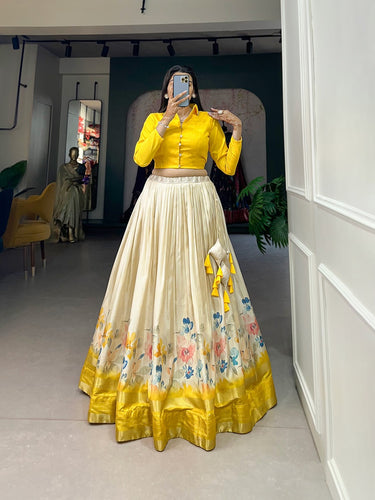 Yellow Color Dazzling Dola Silk Floral Lehenga Choli ClothsVilla