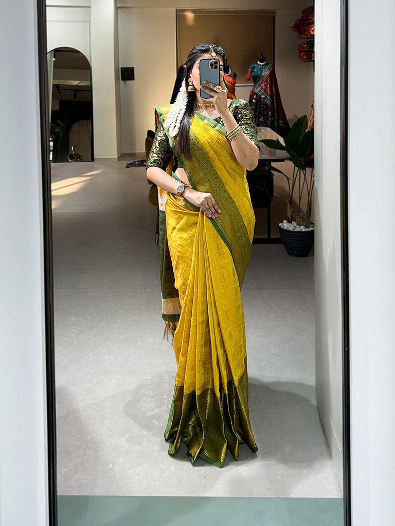 Yellow Color Kanjivaram Silk Saree with Exquisite Zari Weaving ClothsVilla