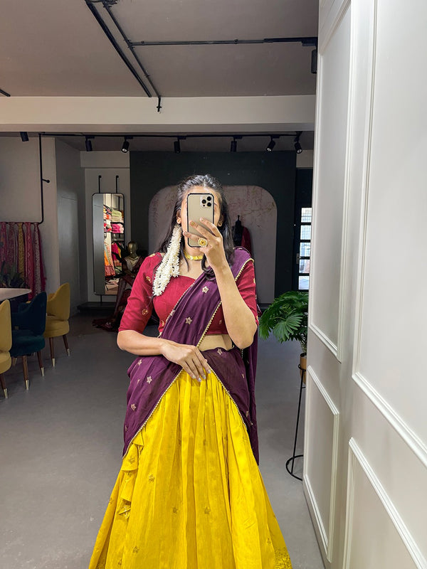 Yellow Color Sequins and Thread Embroidery Work Heavy Banglory Lehenga Choli With Dupatta Clothsvilla