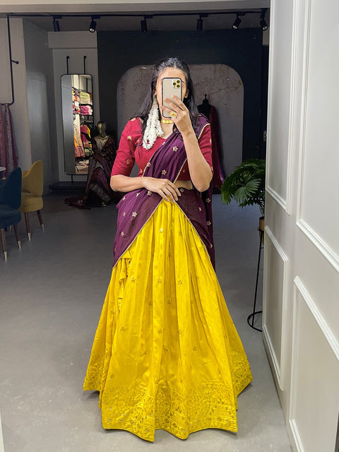 Yellow Color Sequins and Thread Embroidery Work Heavy Banglory Lehenga Choli With Dupatta Clothsvilla Main image