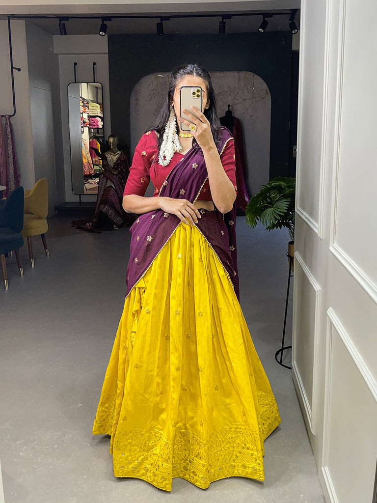 Yellow Color Sequins and Thread Embroidery Work Heavy Banglory Lehenga Choli With Dupatta Clothsvilla