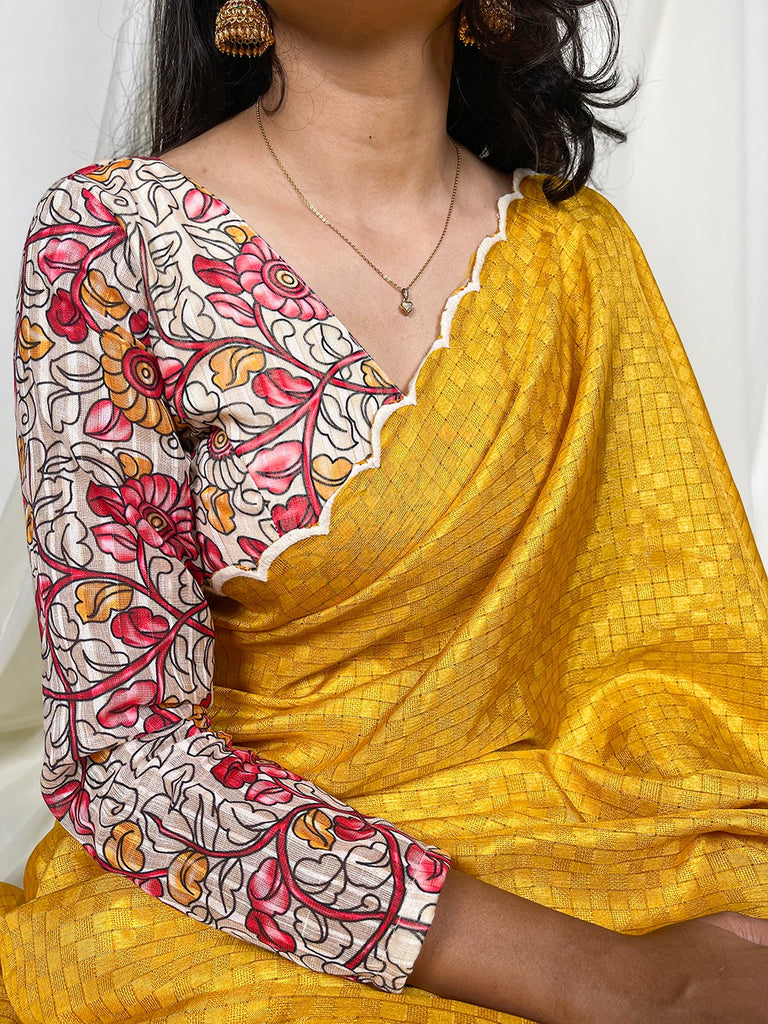 Yellow Color Vibrant Gadwal Chex Saree with Arca Work & Printed Linan Blouse ClothsVilla