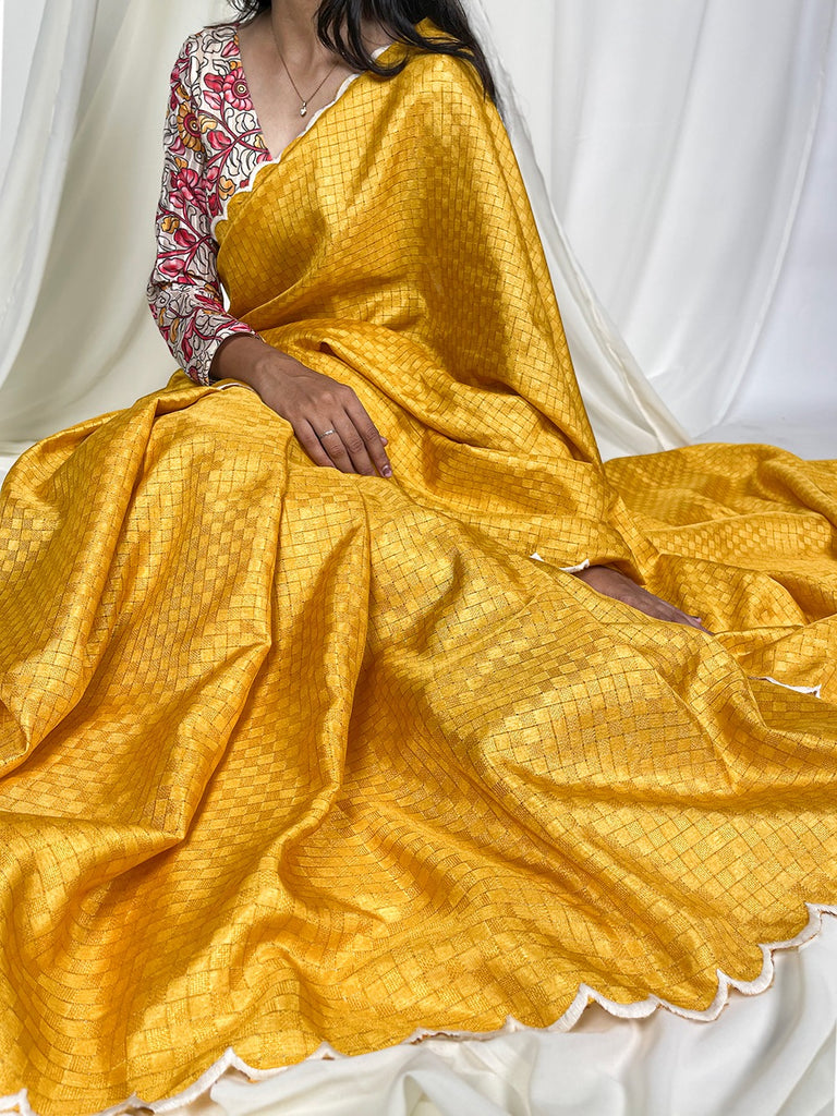 Yellow Color Vibrant Gadwal Chex Saree with Arca Work & Printed Linan Blouse ClothsVilla
