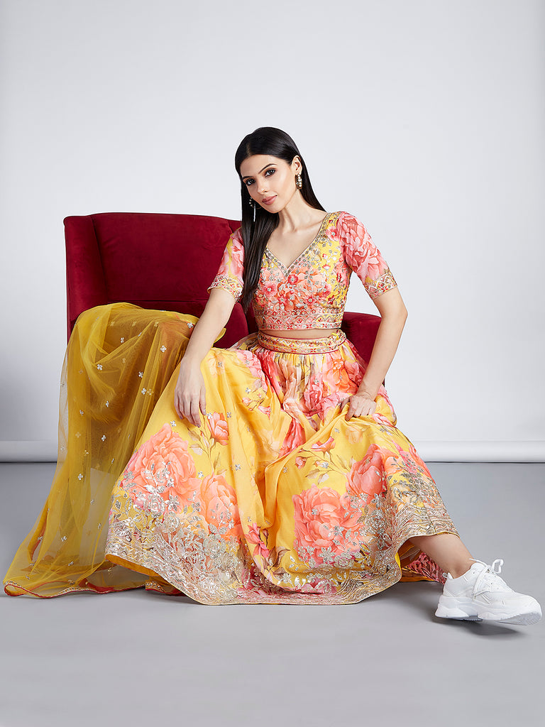 Yellow colour Organza Floral design digital print Semi-Stitched Lehenga choli & Dupatta Clothsvilla