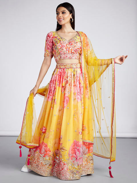 Yellow colour Organza Floral design digital print Semi-Stitched Lehenga choli & Dupatta Clothsvilla Main image