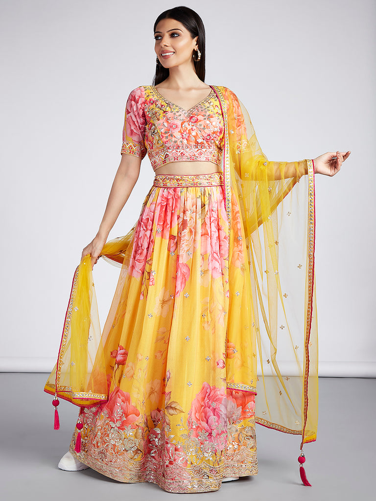 Buy Yellow Raw Silk Printed Floral Embroidered Choli With Lehenga Set For  Women by Khwaab by Sanjana Lakhani Online at Aza Fashions.