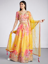 Load image into Gallery viewer, Yellow colour Organza Floral design digital print Semi-Stitched Lehenga choli &amp; Dupatta Clothsvilla