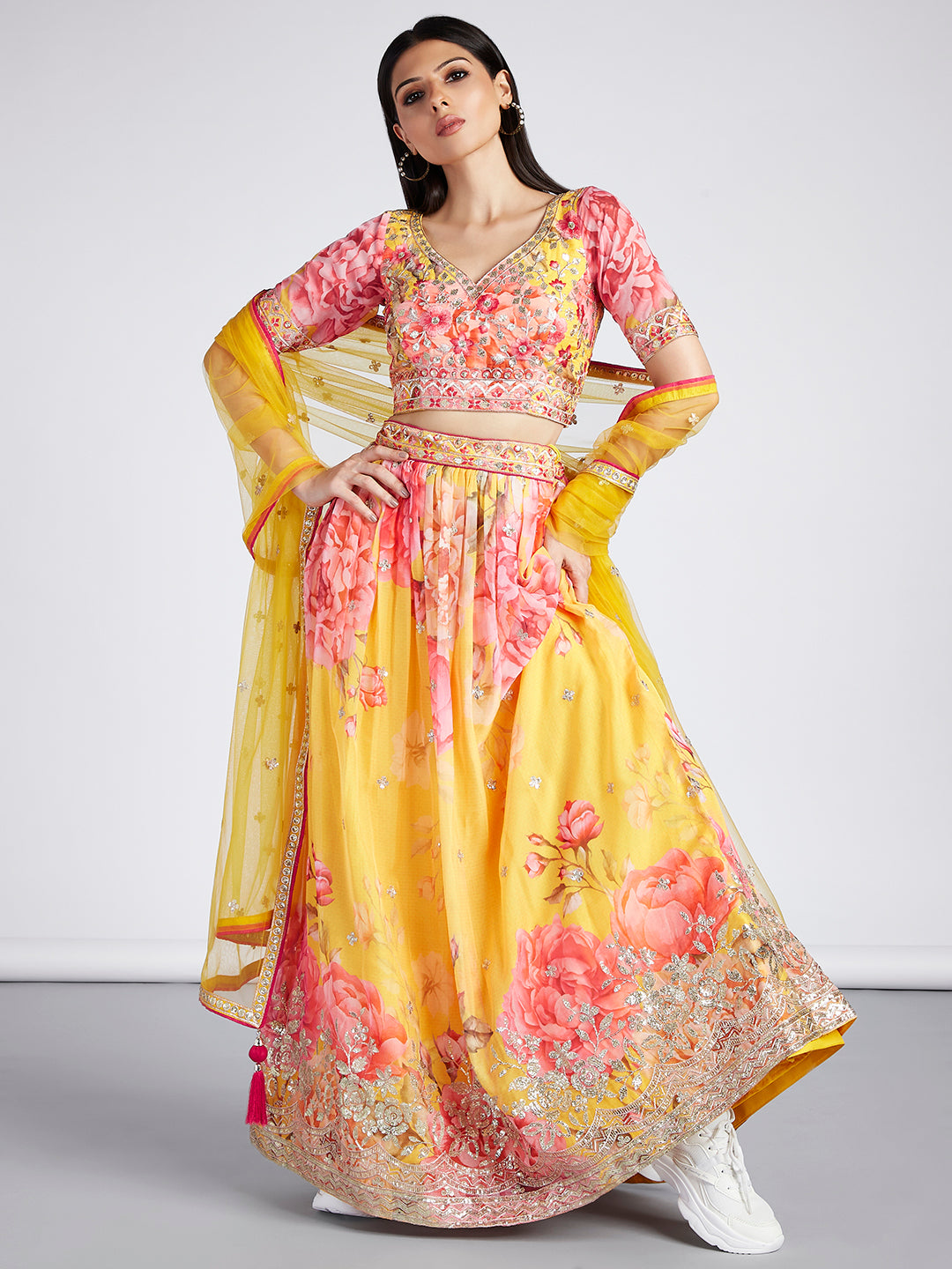 Yellow colour Organza Floral design digital print Semi-Stitched Lehenga choli & Dupatta Clothsvilla