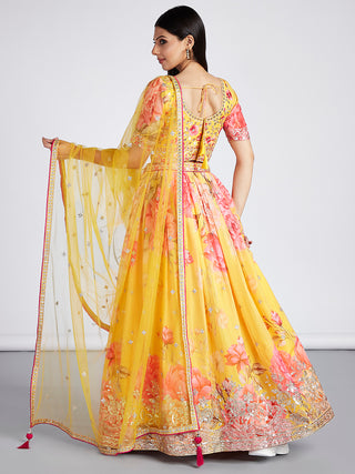 Yellow colour Organza Floral design digital print Semi-Stitched Lehenga choli & Dupatta Clothsvilla