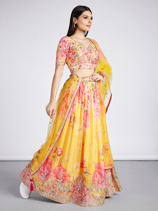Yellow colour Organza Floral design digital print Semi-Stitched Lehenga choli & Dupatta Clothsvilla