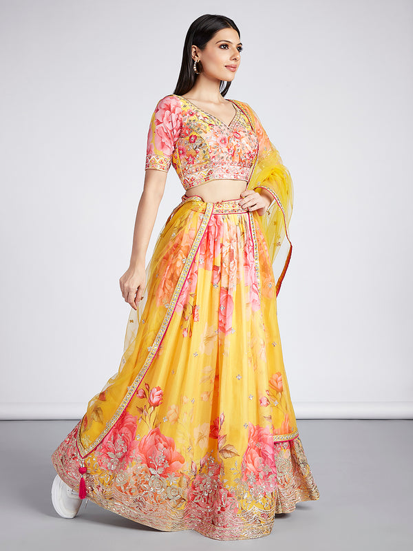 Yellow colour Organza Floral design digital print Semi-Stitched Lehenga choli & Dupatta Clothsvilla