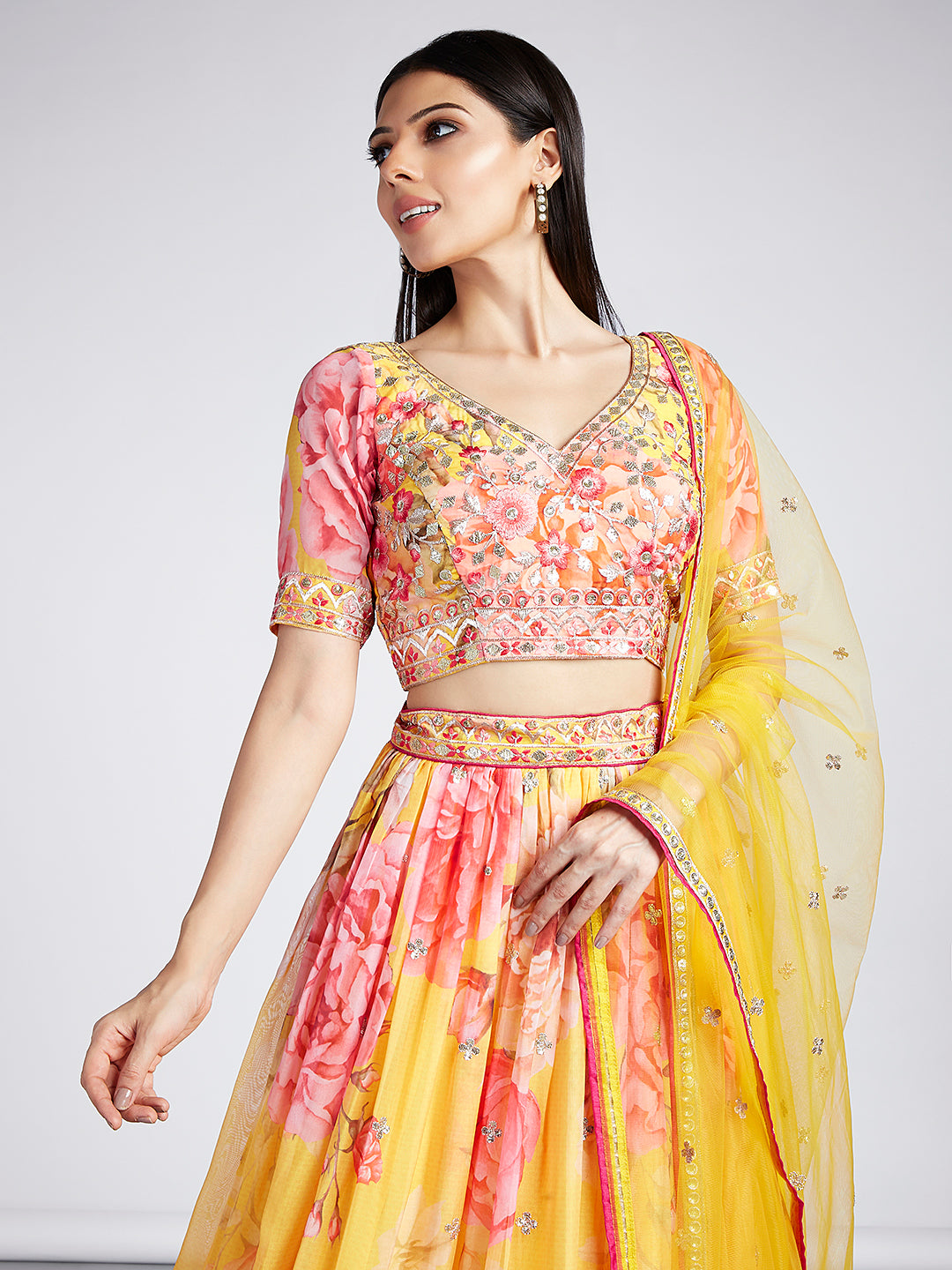 Yellow colour Organza Floral design digital print Semi-Stitched Lehenga choli & Dupatta Clothsvilla