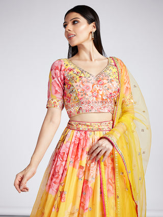 Yellow colour Organza Floral design digital print Semi-Stitched Lehenga choli & Dupatta Clothsvilla