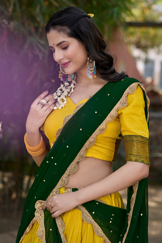 Yellow Cotton Silk Lehenga Choli with Thread Embroidery & Sequined Georgette Dupatta ClothsVilla