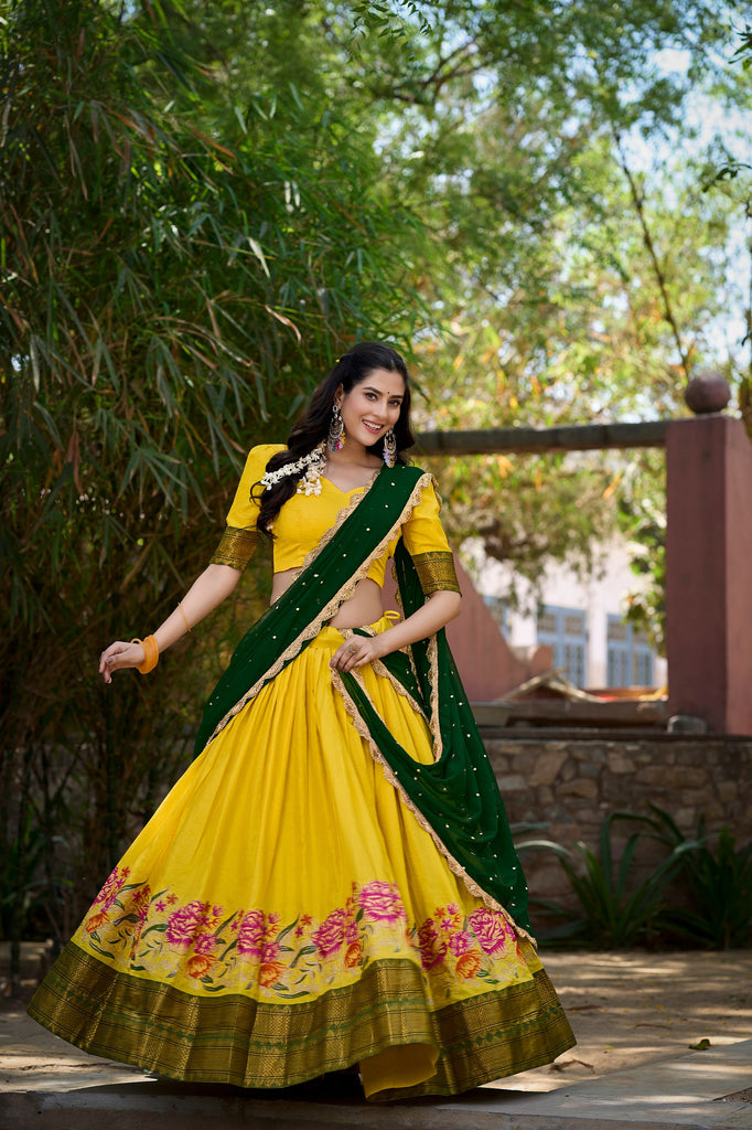 Yellow Cotton Silk Lehenga Choli with Thread Embroidery & Sequined Georgette Dupatta ClothsVilla