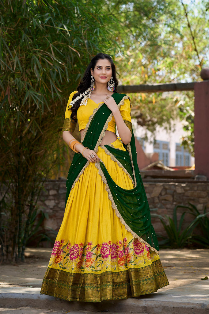 Yellow Cotton Silk Lehenga Choli with Thread Embroidery & Sequined Georgette Dupatta ClothsVilla