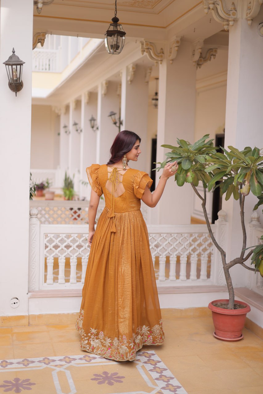 Yellow Crunchy Gown Double Frill Sleeves ClothsVilla