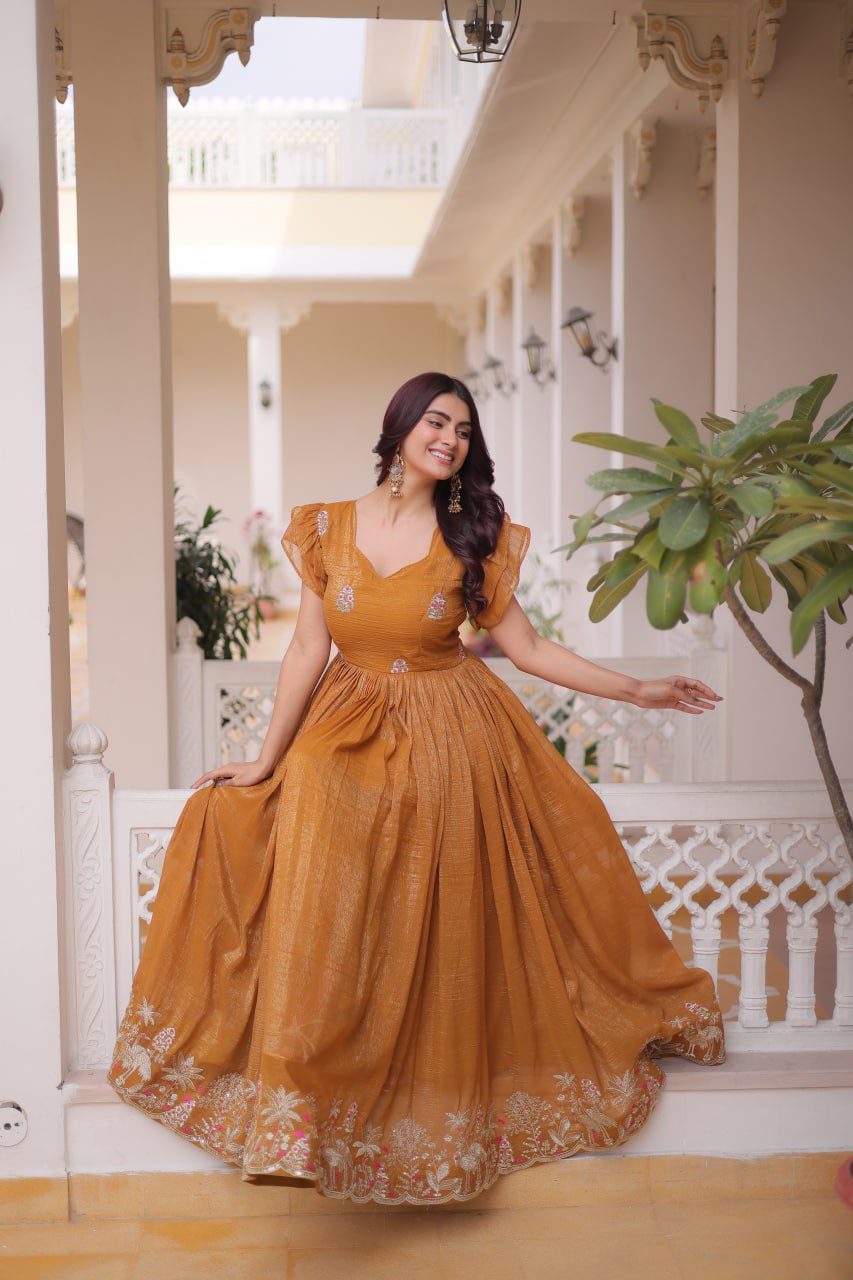 Yellow Crunchy Gown Double Frill Sleeves ClothsVilla