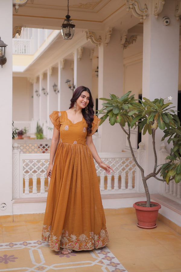 Yellow Crunchy Gown Double Frill Sleeves ClothsVilla