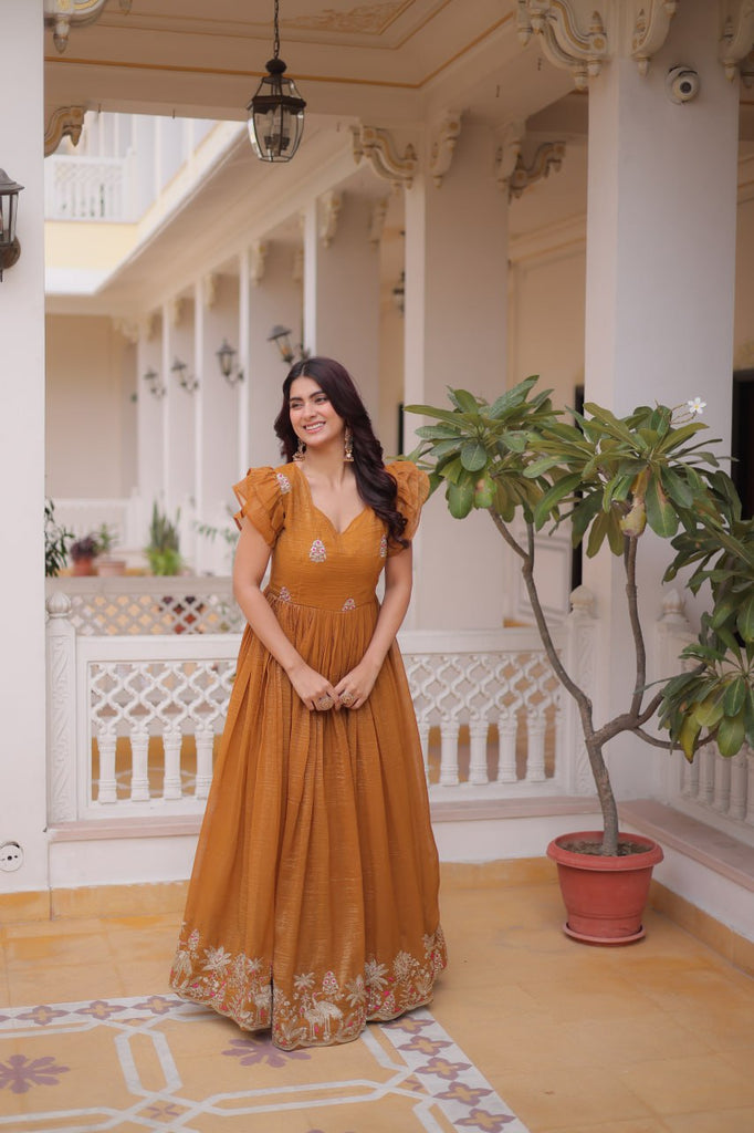 Yellow Crunchy Gown Double Frill Sleeves ClothsVilla