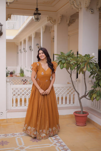 Yellow Crunchy Gown Double Frill Sleeves ClothsVilla