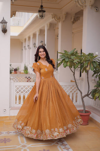 Yellow Crunchy Gown Double Frill Sleeves ClothsVilla