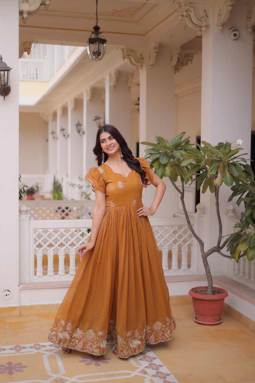 Yellow Crunchy Gown Double Frill Sleeves ClothsVilla