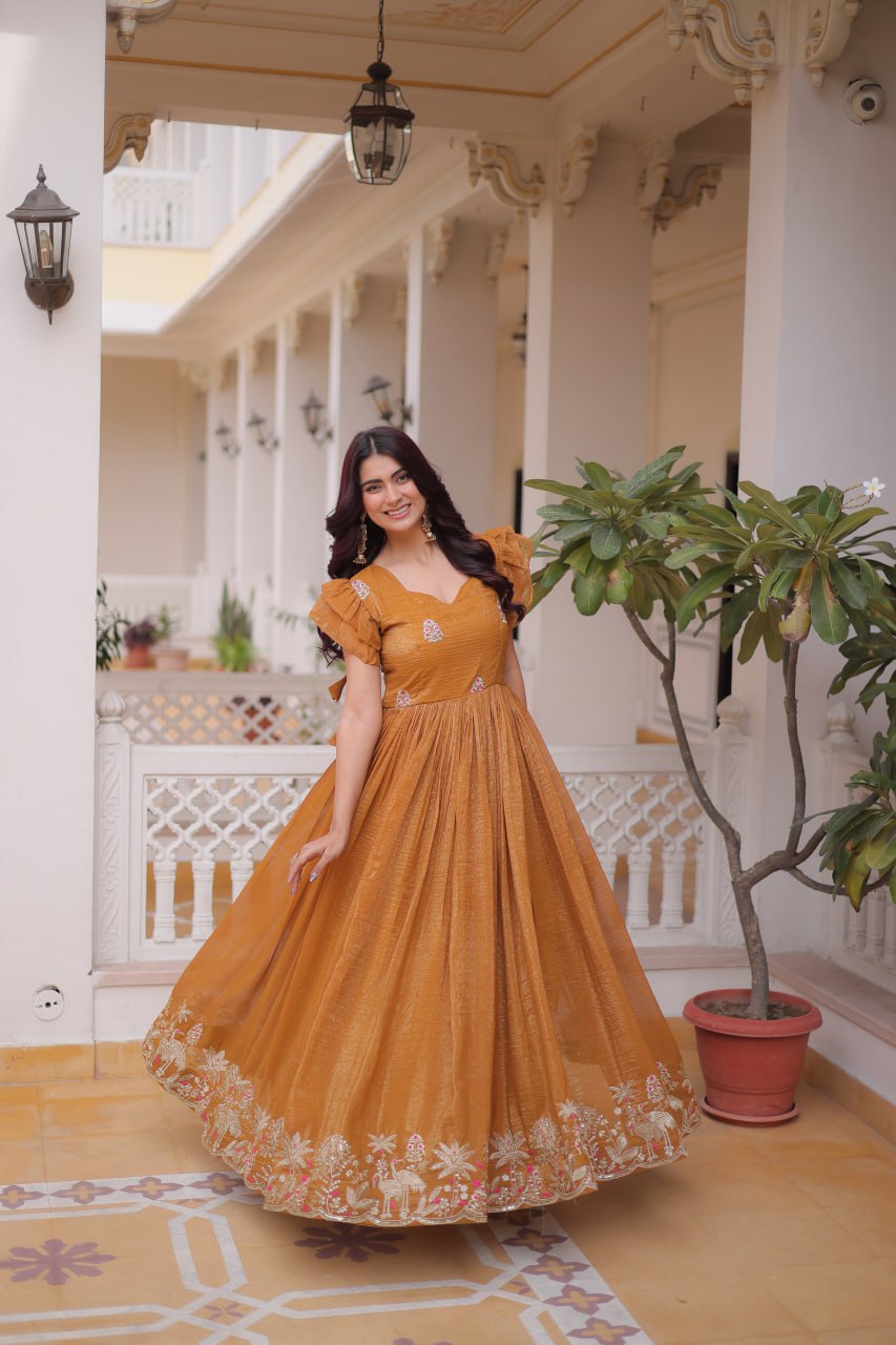 Yellow Crunchy Gown Double Frill Sleeves ClothsVilla