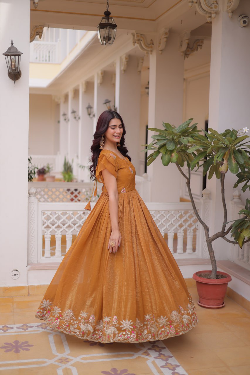 Yellow Crunchy Gown Double Frill Sleeves ClothsVilla