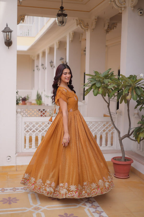 Yellow Crunchy Gown Double Frill Sleeves ClothsVilla