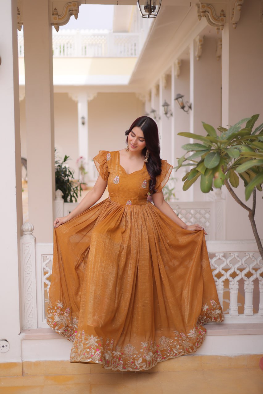 Yellow Crunchy Gown Double Frill Sleeves ClothsVilla