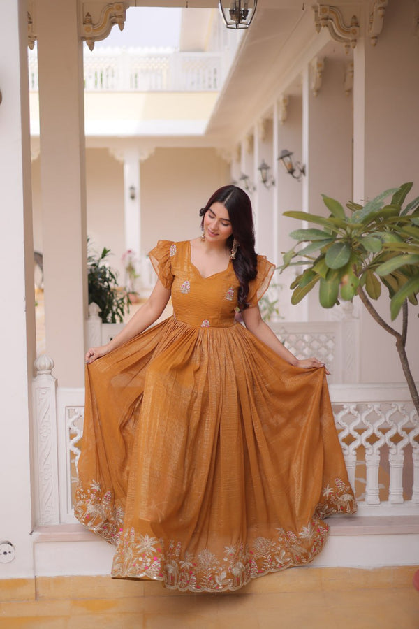 Yellow Crunchy Gown Double Frill Sleeves ClothsVilla