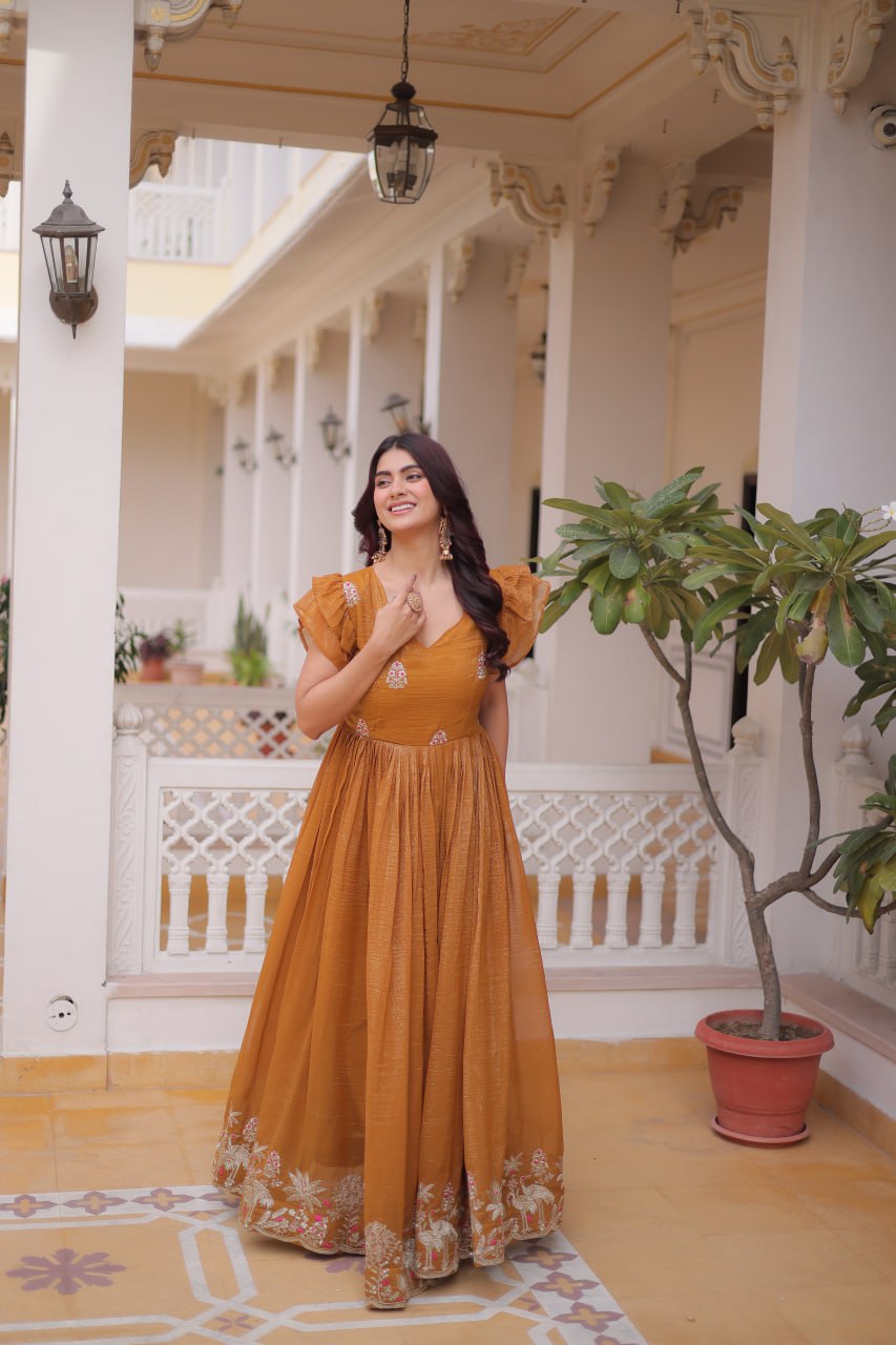 Yellow Crunchy Gown Double Frill Sleeves ClothsVilla