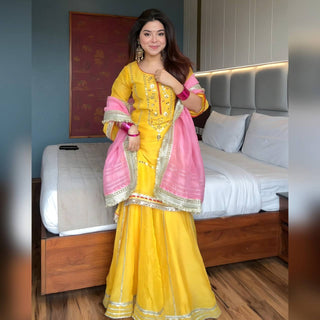 Yellow Designer Chinon Silk Sharara Suit with Heavy Sequins & Zari Embroidery, Dupatta ClothsVilla