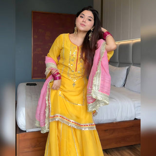 Yellow Designer Chinon Silk Sharara Suit with Heavy Sequins & Zari Embroidery, Dupatta ClothsVilla