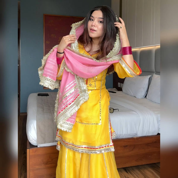 Yellow Designer Chinon Silk Sharara Suit with Heavy Sequins & Zari Embroidery, Dupatta ClothsVilla