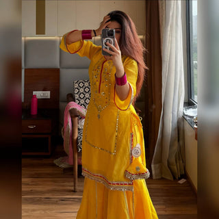 Yellow Designer Chinon Silk Sharara Suit with Heavy Sequins & Zari Embroidery, Dupatta ClothsVilla